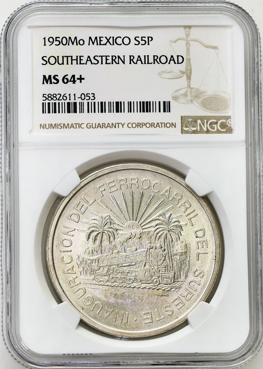Meksyk. 5 Peso 1950 Mo, Mexico City NGC MS64+